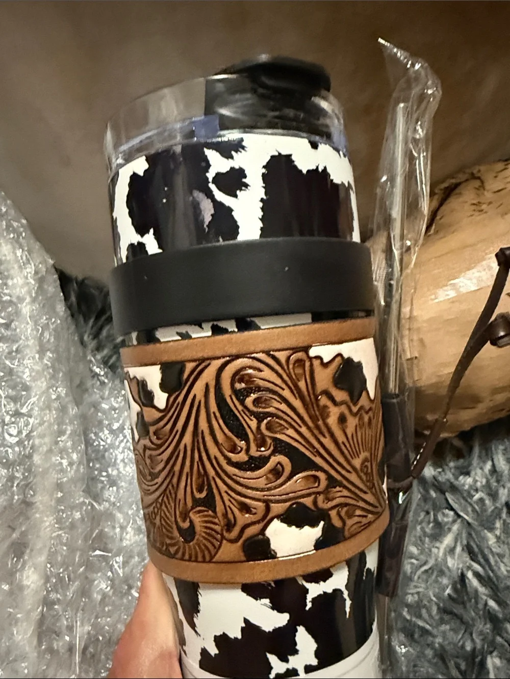Black Cowhide Pattern Insulated Travel Mug with Leather Wrap